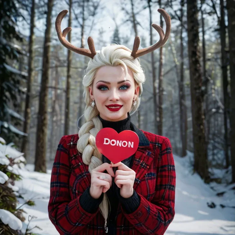 Don't do it! sign, Norwegian winter forest, Character Elsa's sister, holding a red heart, - an Elk, a snow hare, a slay, a reindeer