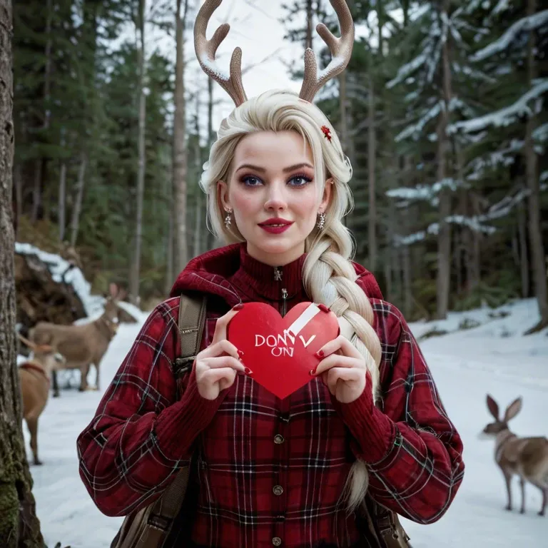 Don't look for me! sign, Norwegian winter forest, Character Elsa's sister, holding a red heart, - an Elk, a snow hare, a slay, a reindeer