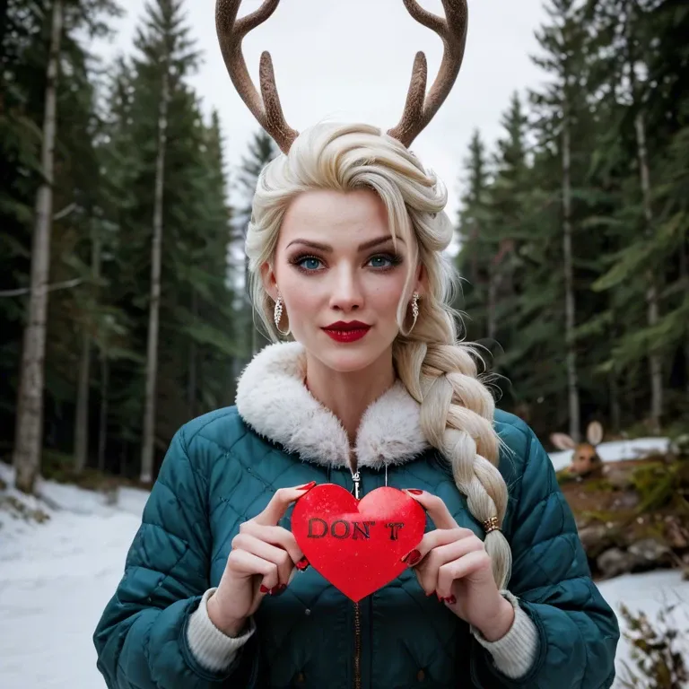 Don't! sign, Norwegian winter forest, Character Elsa's sister, holding a red heart, - an Elk, a snow hare, a slay, a reindeer