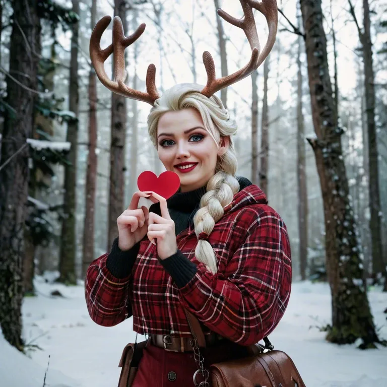 Don't do it! sign, Norwegian winter forest, Character Elsa's sister, holding a red heart, - an Elk, a snow hare, a slay, a reindeer