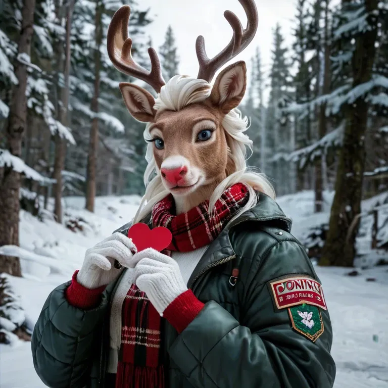 Don't! sign, Norwegian winter forest, Character Elsa's sister, holding a red heart, - an Elk, a snow hare, a slay, a reindeer