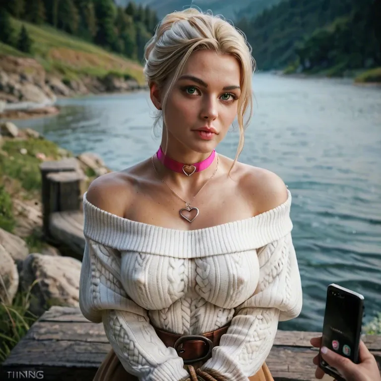 1girl,solo, , , , big green eyes,hands tied,errect nipples,backward,off shoulders, white sweater,heart necklace,pink choker,thongs,sneakers, river, medieval theme, phone screen, robot joints, spider-gwen, dynamic angle