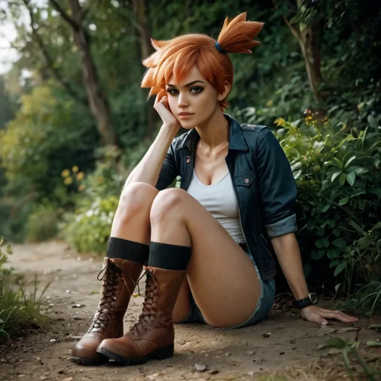 misty from Pokemon with brown boots In the woods