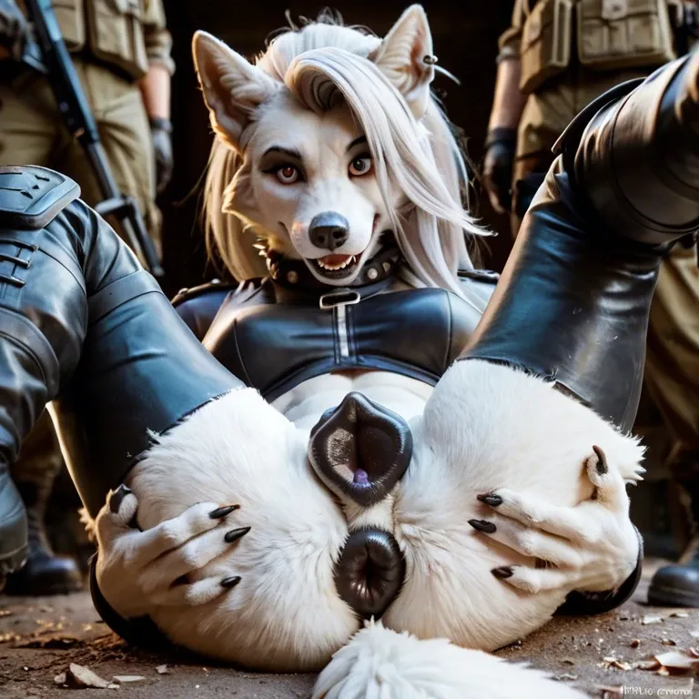 Furry loona, canine pussy, presenting pussy, soldier, leg spread, canine pussy, smiling at viewer, shocked,