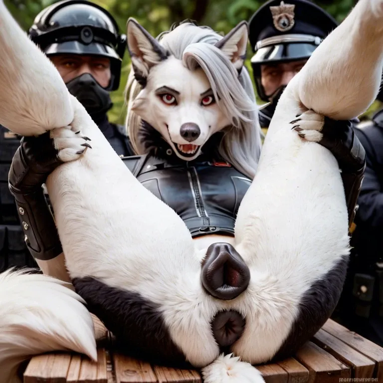 Furry loona, canine pussy, presenting pussy, soldier, leg spread, canine pussy, smiling at viewer, shocked,