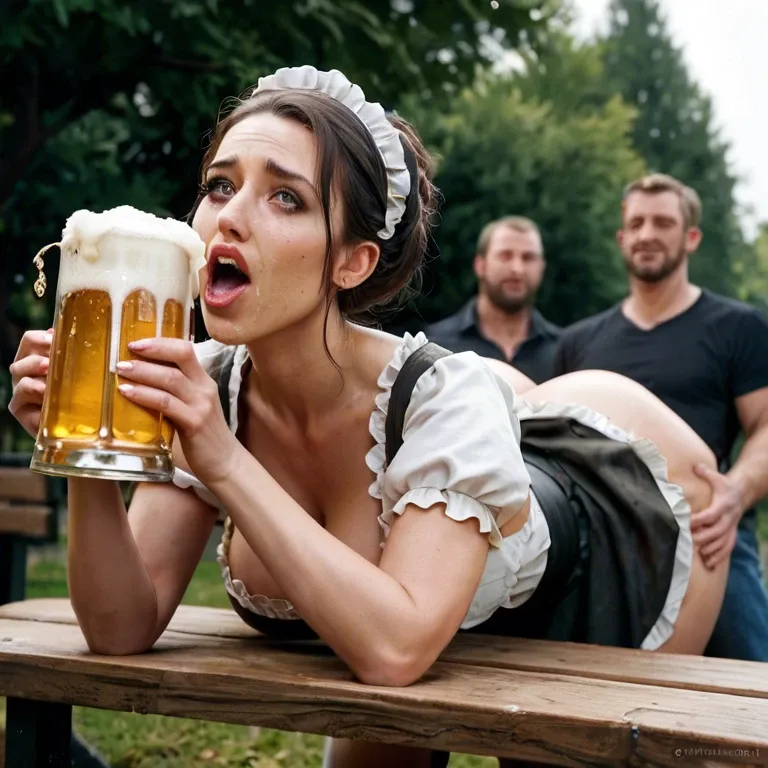 Bitch getting fucked in ass, wearing dirndl, huge tits, shocked face , octoberfest, bavarian beer fest, girl bend over beer bench, Bavarian beer party