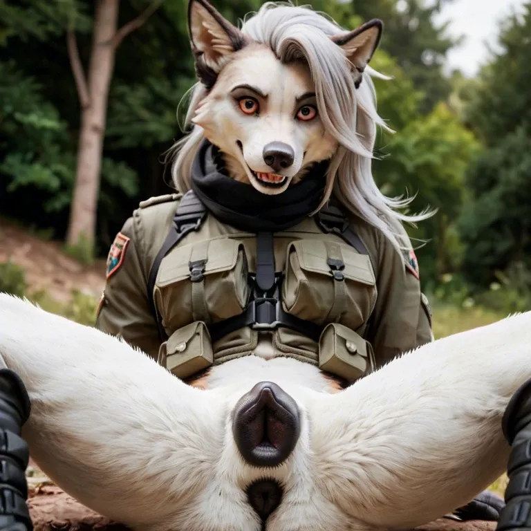 Furry loona, canine pussy, presenting pussy, soldier, leg spread, canine pussy, smiling at viewer, shocked,