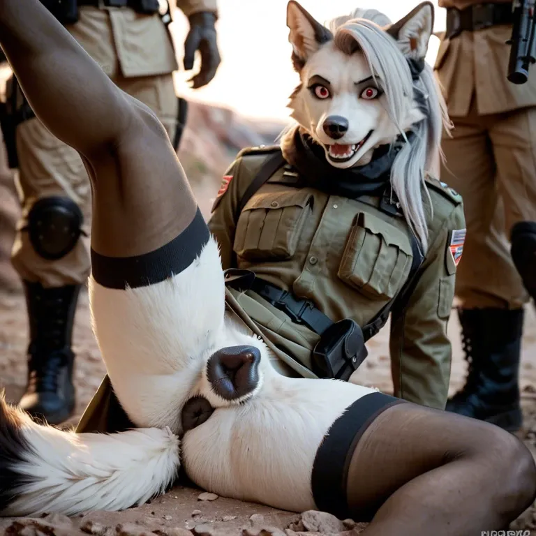 Furry loona, canine pussy, presenting pussy, soldier, leg spread, canine pussy, smiling at viewer, shocked,