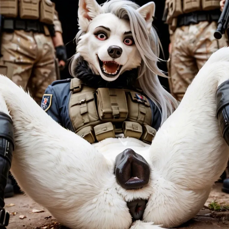 Furry loona, canine pussy, presenting pussy, soldier, leg spread, canine pussy, smiling at viewer, shocked,