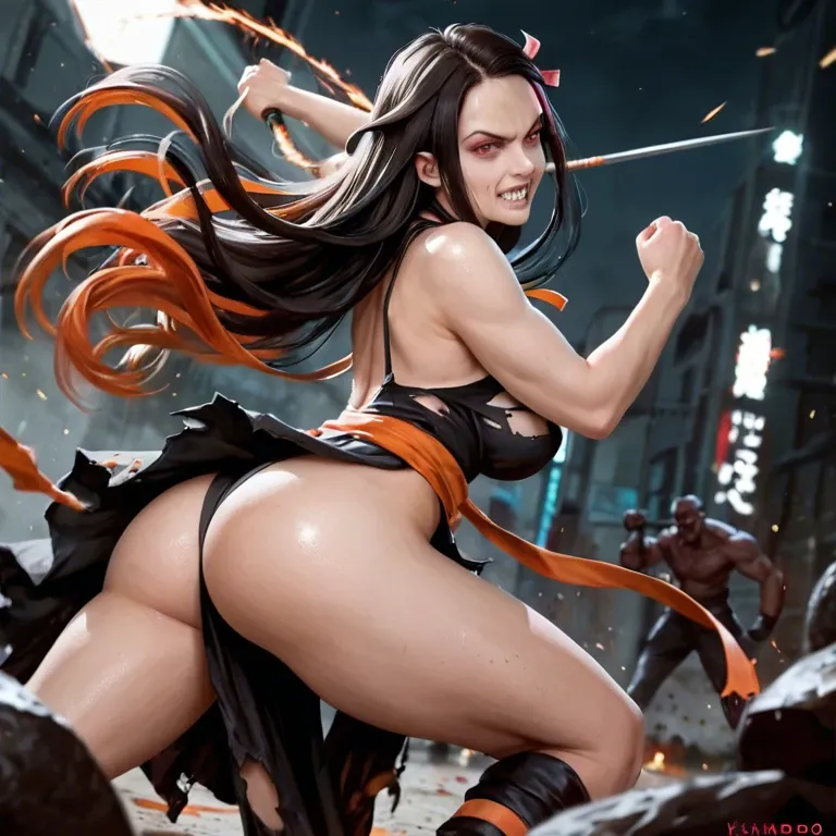 kamado nezuko, angry face, big breasts, big ass, ripped dress, fighting with demon