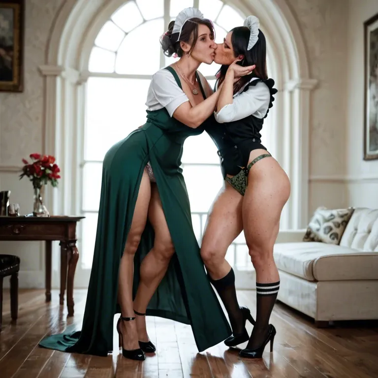 2girl, , , , freckle,big hands,saggy boobs,wide hips,kissing neck, dark green gown,knee socks,suspenders,print panties,heels, formal shirt,heart necklace,maid hat,black lace bra,armored boots, sweatshirt lift,elf palace,suspenders,loose bra,running shoes, barefoot, on beach, castle exterior, rapunzel waifu