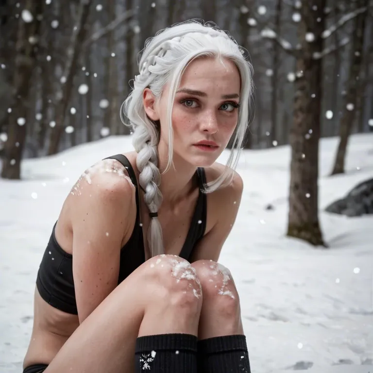 Freckles,petite body,skinny,long legs,beautiful face,covered in snow,long white hair braid,embarrassed,long black socks