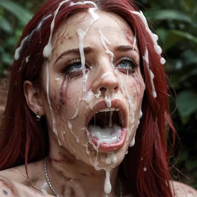 macro close up of face, degraded Scarlett Johansson,  dirty, bruised, crying, excessive cum over face, thick cum in hair,  thick, excessive cum in nose, mouth full of cum,dripping, mascara. Screaming in pain, covered in thick cum,, looking at viewer Brutal men, dirty medieval dungeon, painful hair pull, men breast grab, ejaculating on face.