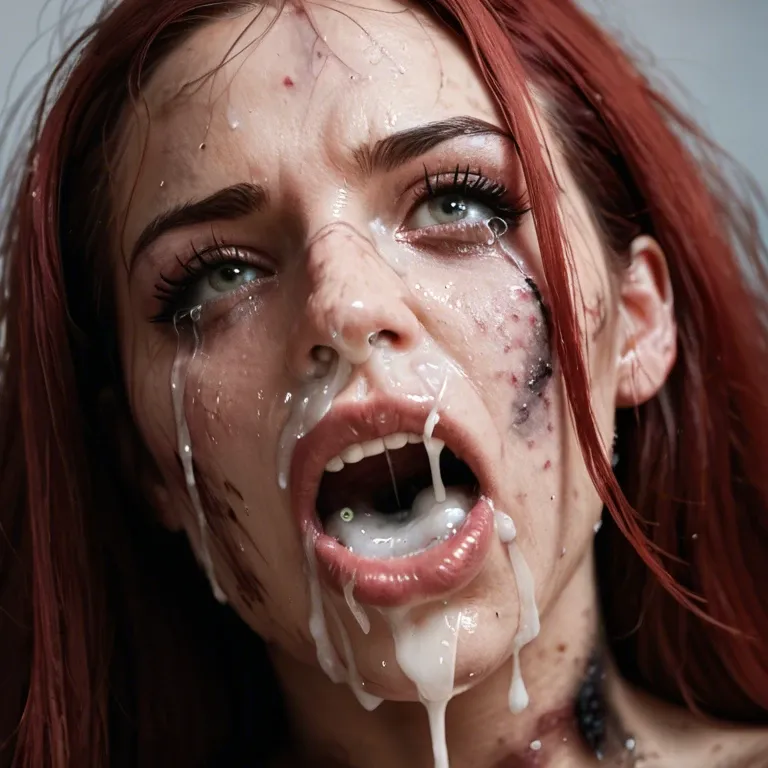 macro close up of face, degraded Scarlett Johansson,  dirty, bruised, crying, excessive cum over face, thick cum in hair,  thick, excessive cum in nose, mouth full of cum,dripping, mascara. Screaming in pain, covered in thick cum,, looking at viewer Brutal men, dirty medieval dungeon, painful hair pull, men breast grab, ejaculating on face.