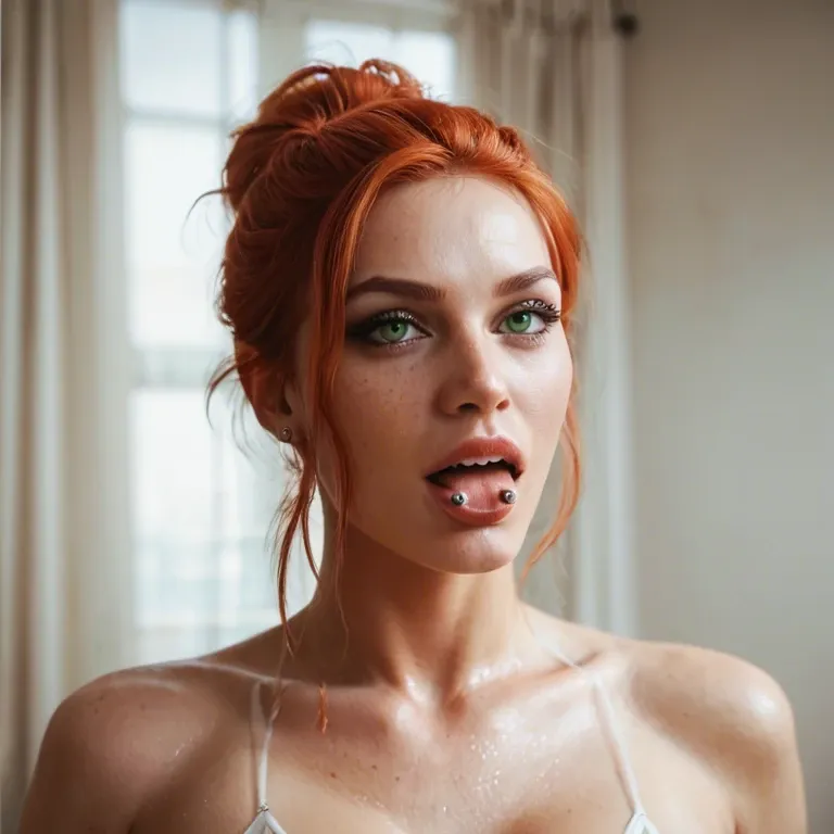 Redhead green eyes petite young tongue piercing