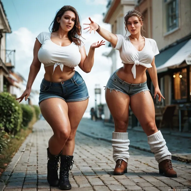 2girl, , , , reaching back,leg warmers,round tits,wide plump hips,skin textures, nose,knee boots,big breasts,thin waist,distance, white crop top,leg warmers,tied shirt,torn bodysuit,black boots, club setting, water sparkles, spaceship, phone screen, princess peach, spider-gwen, mari makinami