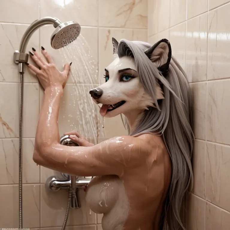 Loona furry pressed up against shower wall, cum dripping