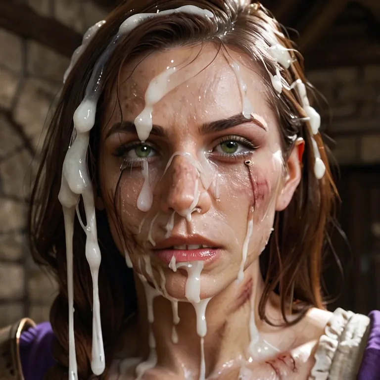 Medieval dungeon, men ripping hair. macro close up of face, looking at viewer, Lisa Minci, degraded ,  dirty, bruised, crying, excessive cum over face, thick cum in hair,  thick, excessive cum in nose, open mouth full of cum,dripping, mascara. Screaming in pain, face covered in thick cum,