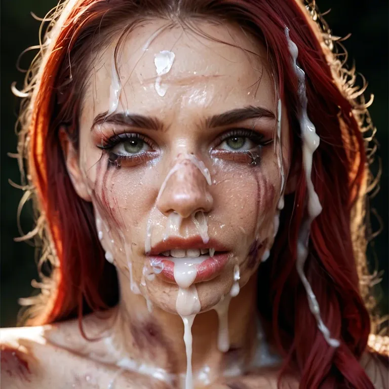 macro close up of face, looking at viewer, degraded Scarlett Johansson,  dirty, bruised, crying, excessive cum over face, thick cum in hair,  thick, excessive cum in nose, mouth full of cum,dripping, mascara. Screaming in pain, face covered in thick cum, Brutal men, dirty medieval dungeon, painful hair pull, men breast grab, ejaculating on face.