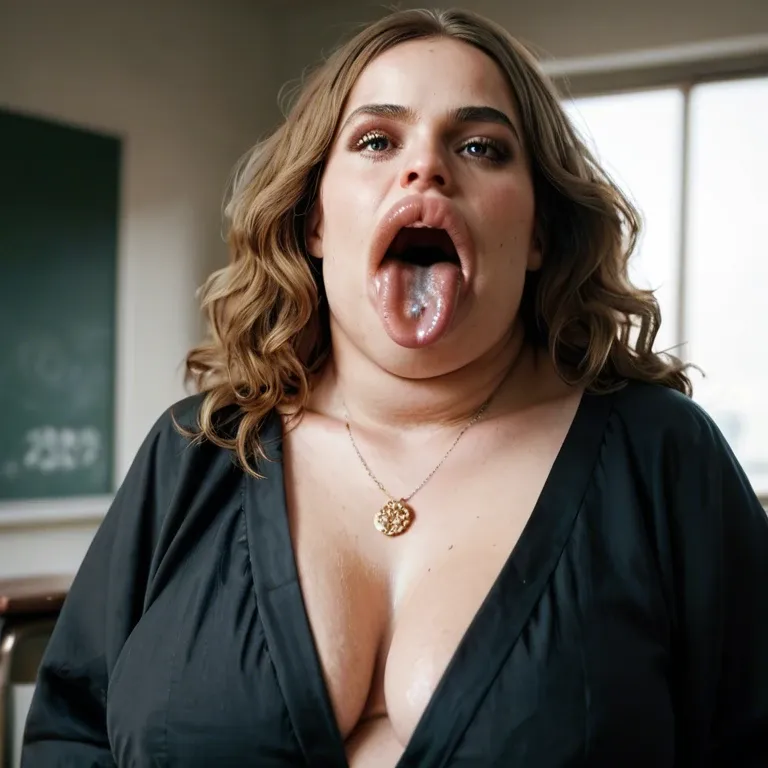 obese, weight gain, fat, Hermione Granger, hyper lips, massive lips, gaping mouth, lolling tongue, sagging breasts, black school robe