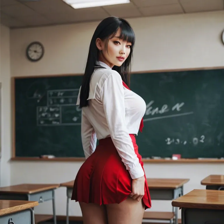 Asian, big breast, sexy ass,  School uniform, white t shirt,  red skirt, school class,  class room, many students,  She stands at the blackboard, write on blackboard,  the students look at her, front view