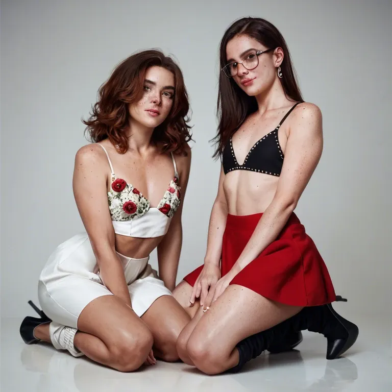 2girl, , , , freckled,thick arms,flat chest,high waisted,on knees, red skirt,leg warmers,beaded jewelry,floral bikini,heels, white dress,black lace bra,opaque glasses,latex bodysuit,boots, gamer bedroom, depth of field, spaceship, android 18, chairs, highly detailed, dark-skinned, spider-gwen