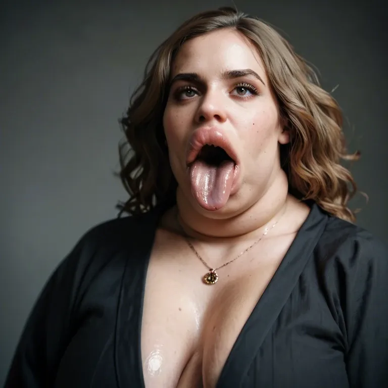 obese, weight gain, fat, Hermione Granger, hyper lips, massive lips, gaping mouth, lolling tongue, sagging breasts, black school robe