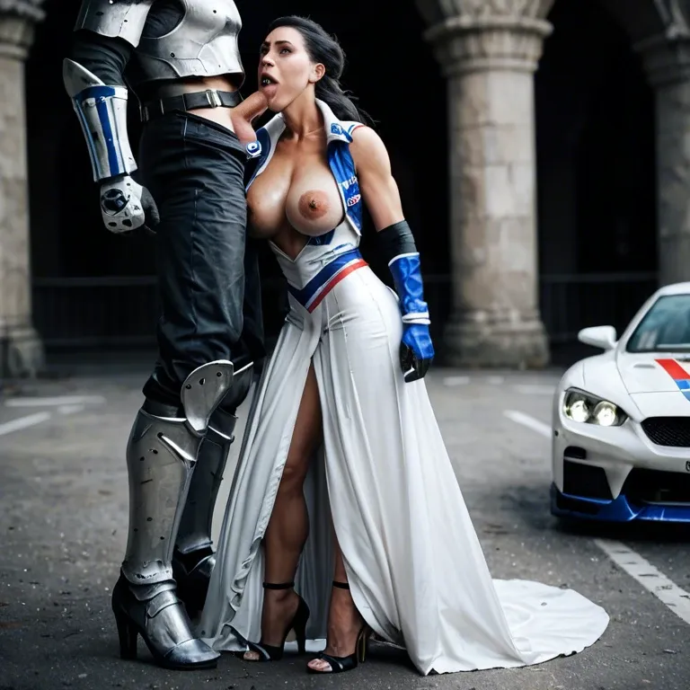 1girl,solo, , , , black eyes,armor,big areolas,belly,throat bulge, clenching teeth,high heels,wide areolae,low waisted,skin detail, long dress,socks,racing gloves,mini bikini,black sneakers, bedroom eyes, dark alley, medieval prison, computers, multiple dildos, painted, bright, 2b, rapunzel waifu