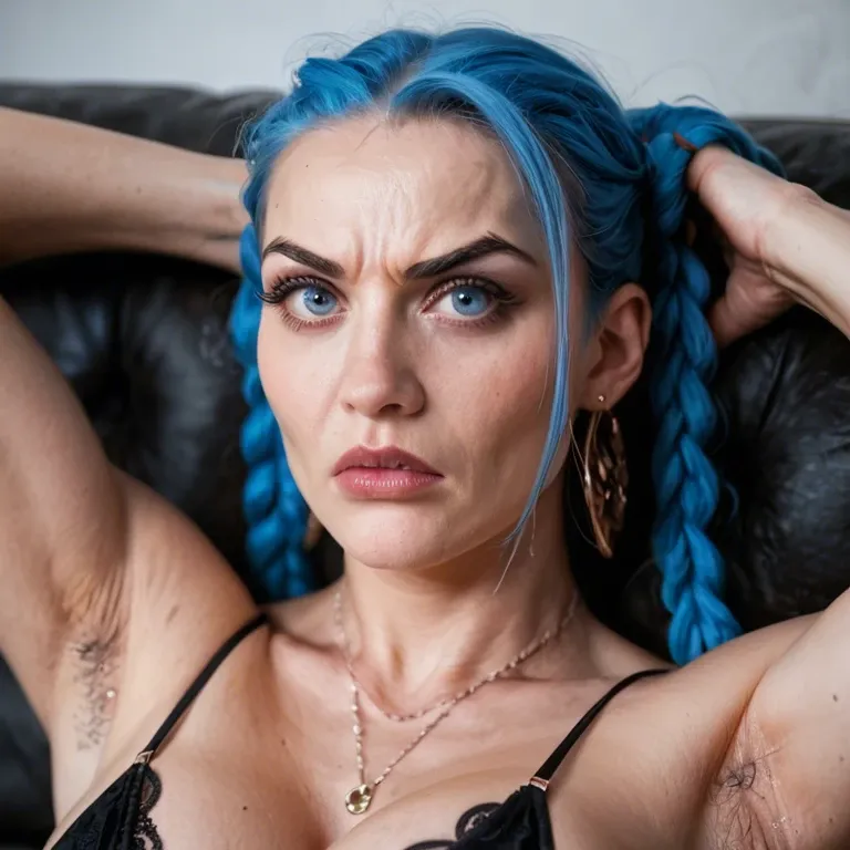 beautiful hairy armpits, exactly Character Powder / Jinx from Arkane, very hard woman, angry, round face, hyper realistic gigantic blue eyes, Iris, Retina. jagged eyebrows. Very pointed nose. Real life, photo realistic