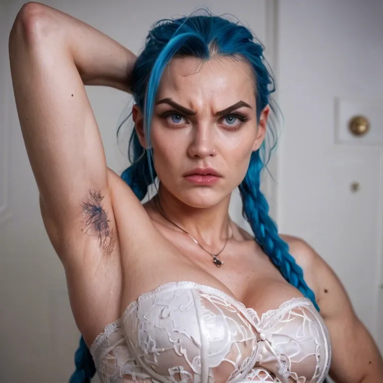 beautiful hairy armpits, exactly Character Powder / Jinx from Arkane, very hard woman, angry, round face, hyper realistic gigantic blue eyes, Iris, Retina. jagged eyebrows. Very pointed nose. Real life, photo realistic