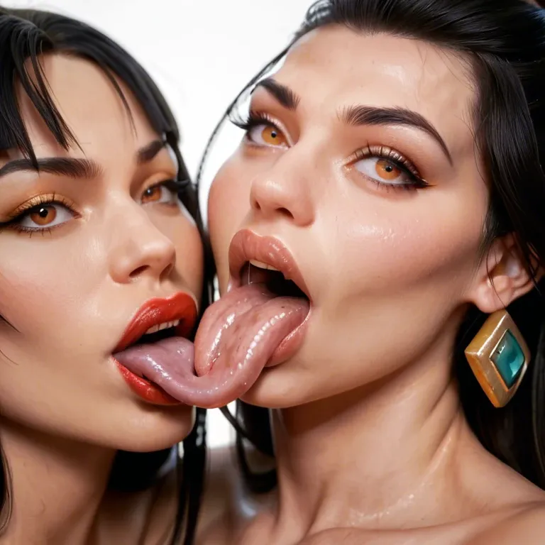 2girls, , , , , Chel (Road to El Dorado), Azula (Avatar the Last Airbender), lipstick, ahegao, ecstasy, impossibly long tongues, over shoulder, plump lips, licking, blushing, squeezing breasts from behind, nude, natural tits, waist up