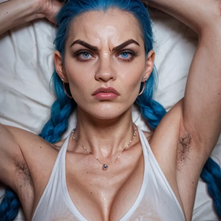 beautiful hairy armpits, exactly Character Powder / Jinx from Arkane, very hard woman, angry, round face, hyper realistic gigantic blue eyes, Iris, Retina. jagged eyebrows. Very pointed nose. Real life, photo realistic