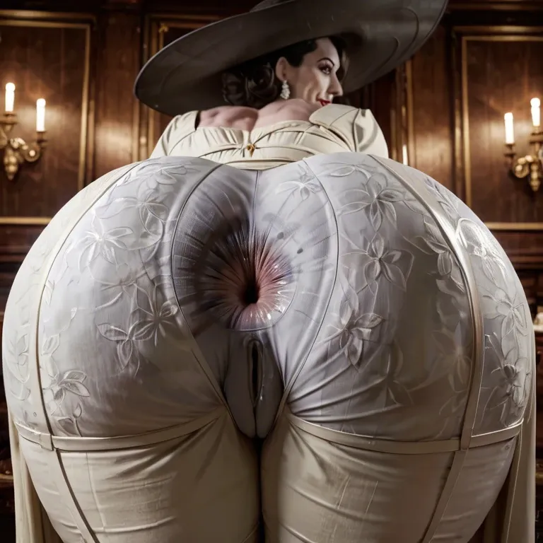 alcina dimitrescu, fully clothed, giant ass, super giant butt, asshole is visible under clothes, pussy print is visible, giant asshole Inprint under clothes, steamy smelly asshole, huge asshole