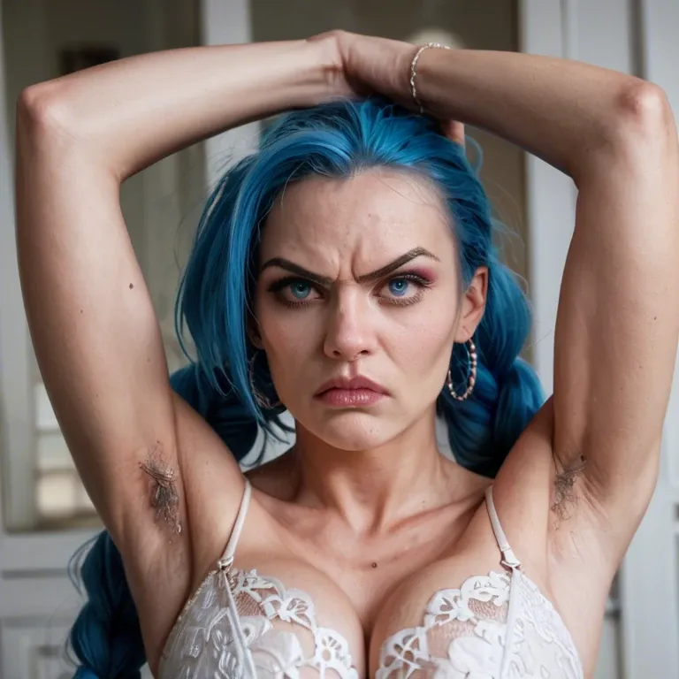 beautiful hairy armpits, exactly Character Powder / Jinx from Arkane, very hard woman, angry, round face, hyper realistic gigantic blue eyes, Iris, Retina. jagged eyebrows. Very pointed nose. Real life, photo realistic