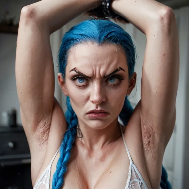 beautiful hairy armpits, exactly Character Powder / Jinx from Arkane, very hard woman, angry, round face, gigantic eyes, hyper realistic blue eyes, Iris, Retina. jagged eyebrows. Very pointed nose. Real life, photo realistic