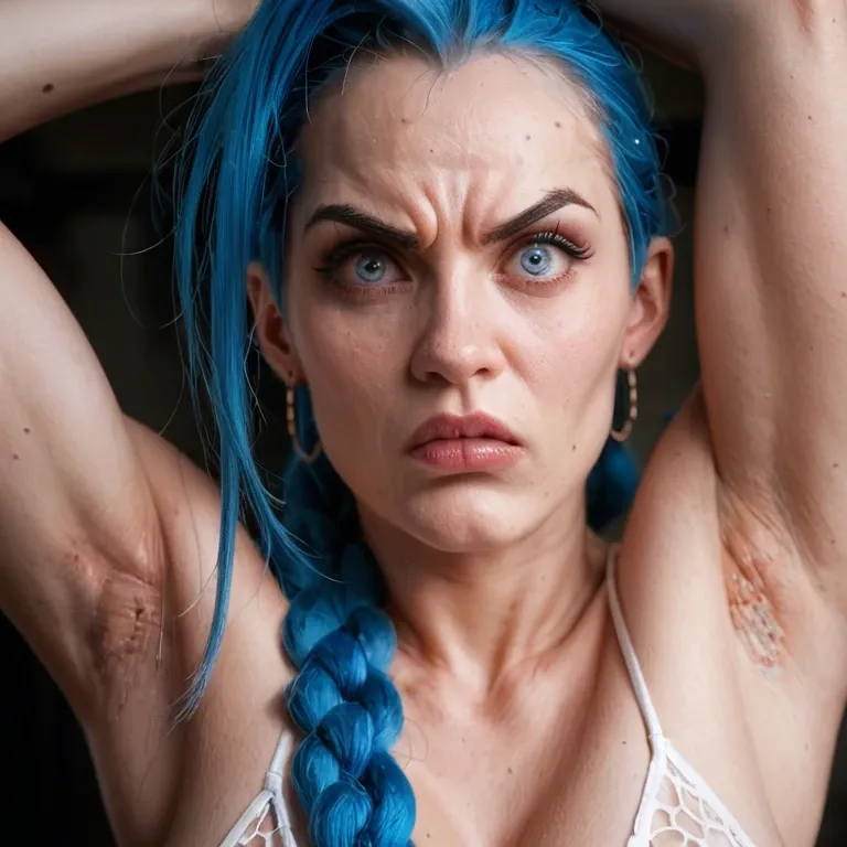 beautiful hairy armpits, exactly Character Powder / Jinx from Arkane, very hard woman, angry, round face, gigantic eyes, hyper realistic blue eyes, Iris, Retina. jagged eyebrows. Very pointed nose. Real life, photo realistic