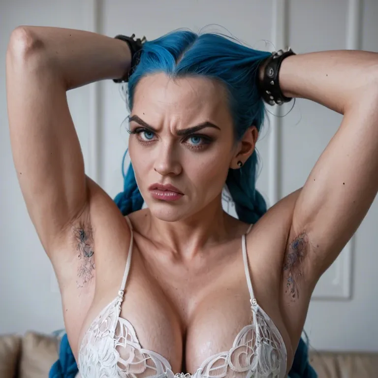 beautiful hairy armpits, exactly Character Powder / Jinx from Arkane, very hard woman, angry, round face, hyper realistic gigantic blue eyes, Iris, Retina. jagged eyebrows. Very pointed nose. Real life, photo realistic