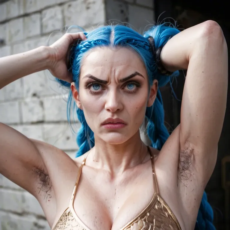 beautiful hairy armpits, exactly Character Powder / Jinx from Arkane, very hard woman, angry, round face, gigantic eyes, hyper realistic blue eyes, Iris, Retina. jagged eyebrows. Very pointed nose. Real life, photo realistic