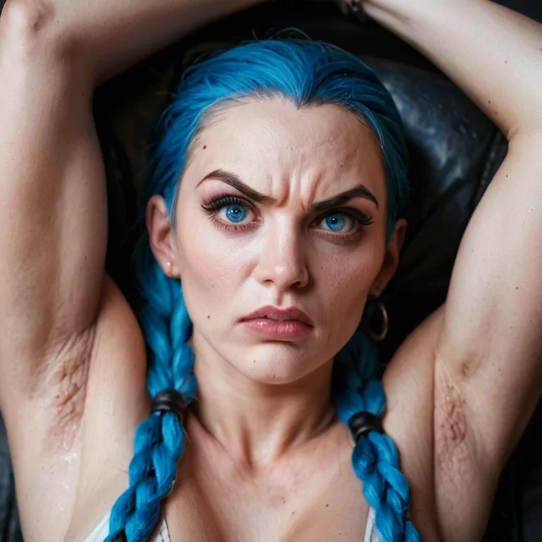 beautiful hairy armpits, exactly Character Powder / Jinx from Arkane, very hard woman, angry, round face, gigantic eyes, hyper realistic blue eyes, Iris, Retina. jagged eyebrows. Very pointed nose. Real life, photo realistic