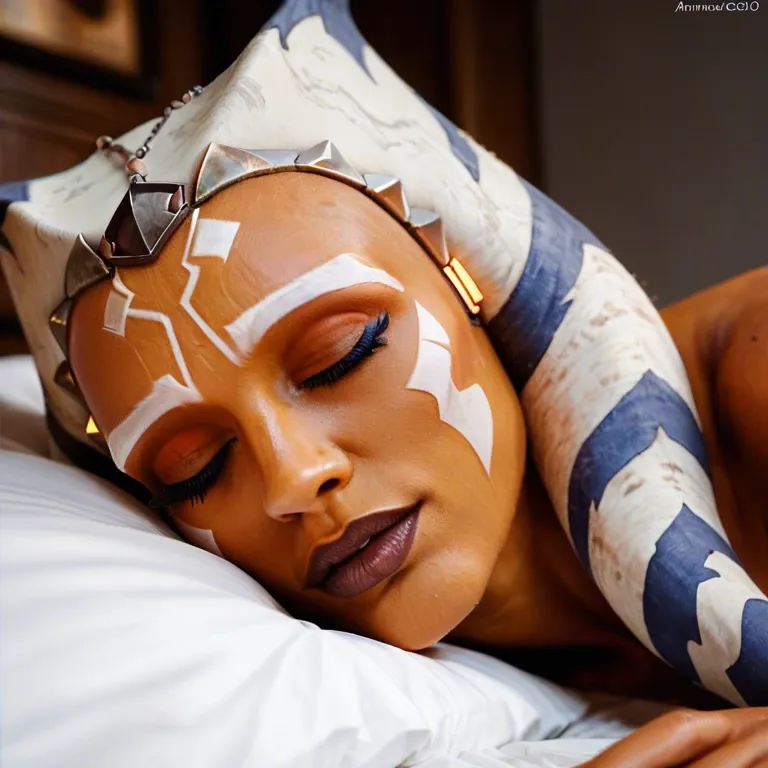 ahsoka tano, sleeping beauty in bed, gets a facial cumshot on her face as she sleeps, extreme closeup