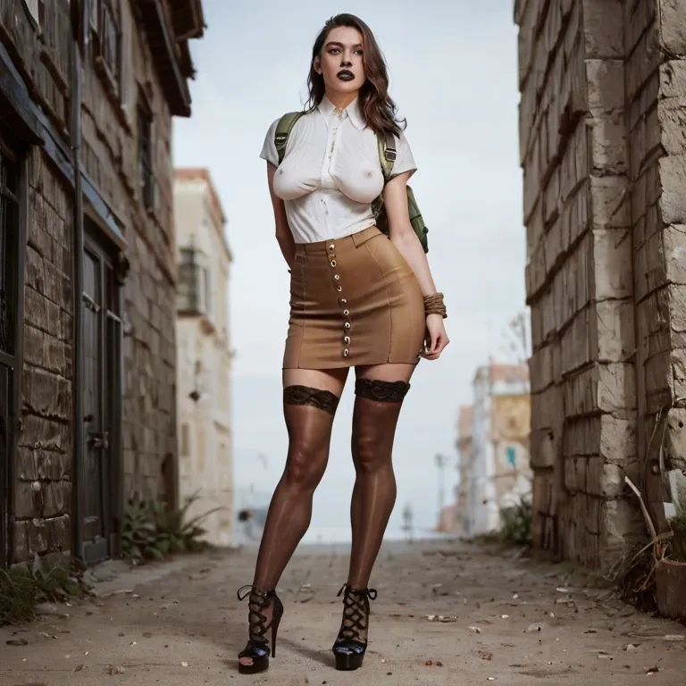 1girl,solo, , , , thick lips,finger,saggy breast,backpack,knee-high, black lips,heels,erect nipples,hips grab,wrists bound, brown skirt,stockings,tied hands,laced bodysuit,stiletto heels, pull shirt,pantyhose,black collar,no bra,brown boots, sundress,gold anklets,black choker,undersized bra,stiletto heels, bathroom, bathing in lake, cyberpunk, anime screencap, dim lighting, princess zelda, elsa