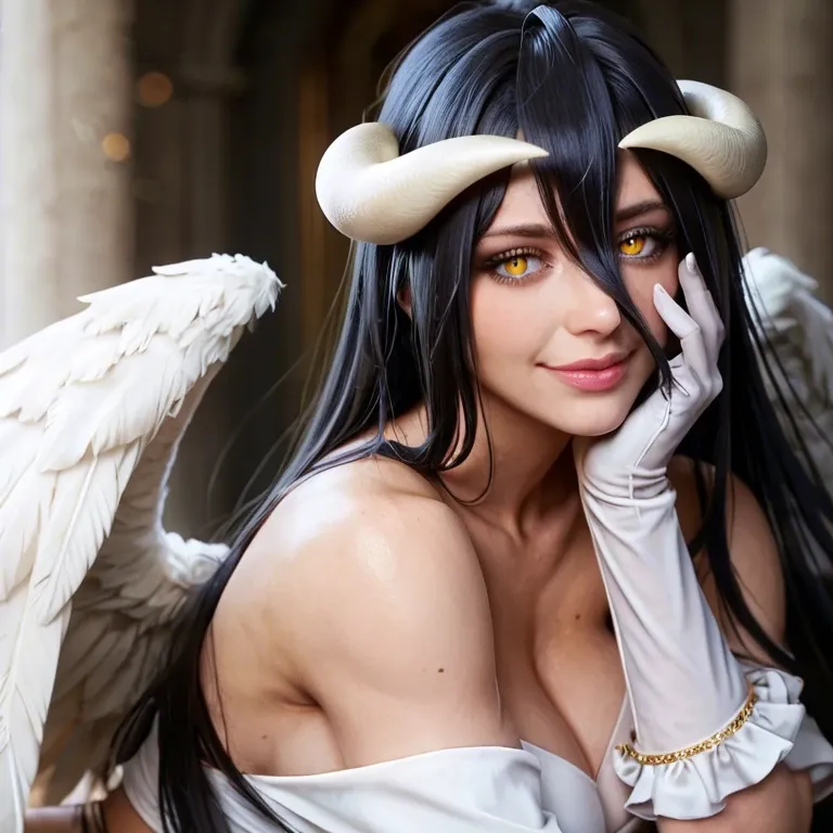 Albedo (Overlord), A female character with long black hair and bangs, gently smile, golden irises, two thick-crooked-beige horns from her temples, and a pair of black angel wings on her waist. She wears a black dress with a long pencil skirt featuring a high slit, silky gloves, black high heels, and a golden spiderweb necklace that covers her chest. She stands dynamically in a dark tomb background, cracked floor.full body.