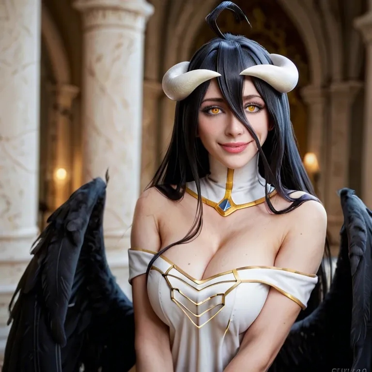 Albedo (Overlord), A female character with long black hair and bangs, gently smile, golden irises, two thick-crooked-beige horns from her temples, and a pair of black wings angel on her waist. She wears a black dress with a long pencil skirt featuring a high slit, silky gloves, black high heels, and a golden spiderweb necklace that covers her chest. She stands dynamically in a dark tomb background, cracked floor.full body.