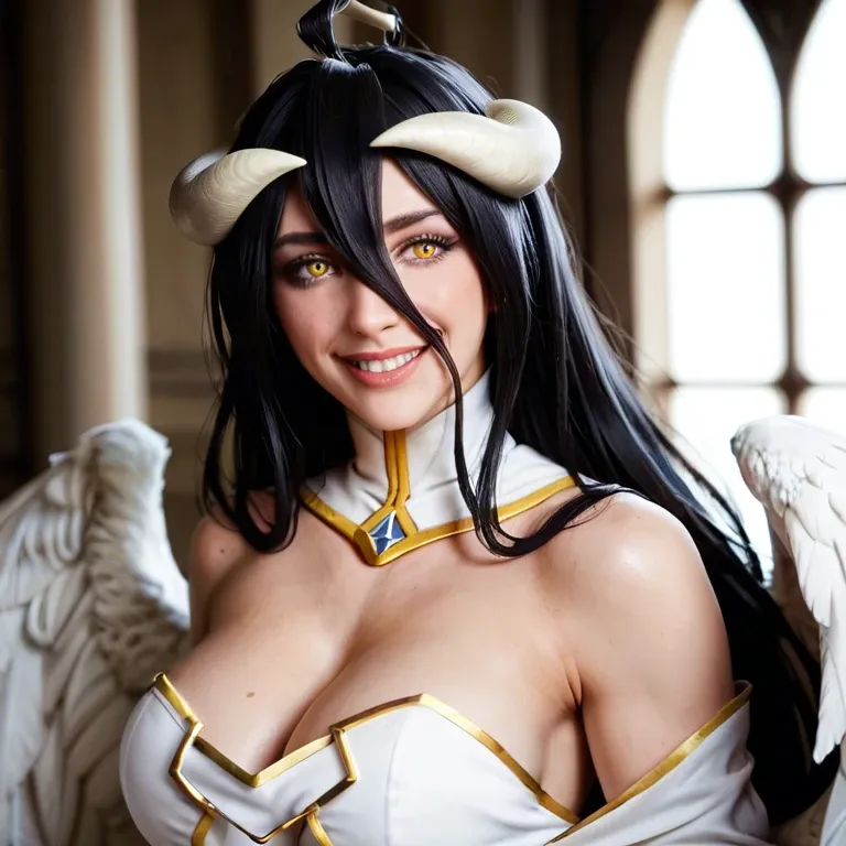 Albedo (Overlord), A female character with long black hair and bangs, gently smile, golden irises, two thick-crooked-beige horns from her temples, and a pair of black angel wings on her waist. She wears a black dress with a long pencil skirt featuring a high slit, silky gloves, black high heels, and a golden spiderweb necklace that covers her chest. She stands dynamically in a dark tomb background, cracked floor.