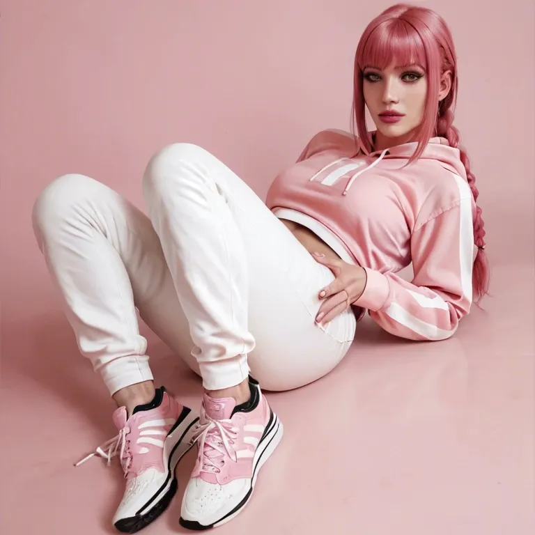 1girl, solo, Makima, white skin, pink hair, pink background, pink sports suit, hoodie, pants, sneakers, pink makeup, medium chest, thin body, flat priest, moan, grabbing buttocks, close up, on knees