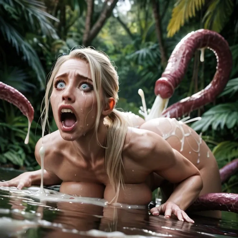 Tentacles, wide eyes, shocked, tearful, anal, deep anal penetration,  rough sex, wide eyes, extreme wide eyes, screaming, excessive cum,blonde, ponytail,  jungle, big ass, big boobs, multiple girls, tentacles wrapped around limbs, arms wrapped by tentacles, tentacles wrapped around neck, blue eyes, dark eye shadow, naked