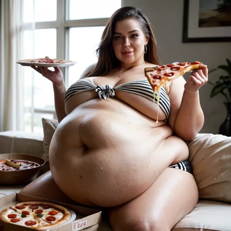 Fat women, big belly, fat belly, full belly, stuffed belly, women eat pizza