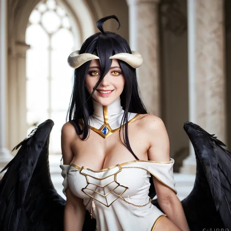 Albedo (Overlord), A female character with long black hair and bangs, gently smile, golden irises, two thick-crooked-beige horns from her temples, and a pair of black wings angel on her waist. She wears a blackdress with a long pencil skirt featuring a high slit, silky gloves, black high heels, and a golden spiderweb necklace that covers her chest. She stands dynamically in a dark tomb background, cracked floor.full body.