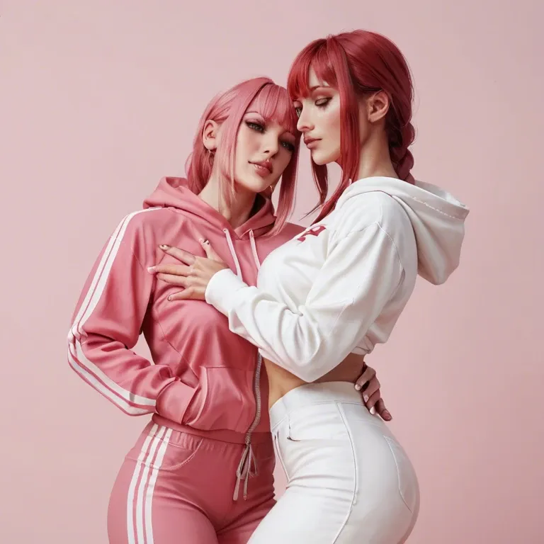 2girl, lesbian's, Makima, white skin, pink hair, pink background, pink sports suit, hoodie, pants, sneakers, pink makeup, medium chest, thin body, flat priest, moan, grabbing buttocks, close up, on knees