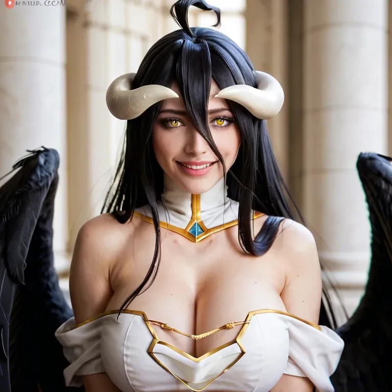 Albedo (Overlord), A female character with long black hair and bangs, gently smile, golden irises, two thick-crooked-beige horns from her temples, and a pair of black wings angel on her waist. She wears a blackdress with a long pencil skirt featuring a high slit, silky gloves, black high heels, and a golden spiderweb necklace that covers her chest. She stands dynamically in a dark tomb background, cracked floor.full body.